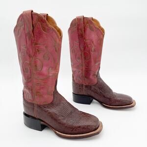 Lucchese Women’s 6.5 Red Brown Ostrich Leather Square Toe Western Cowgirl Boots